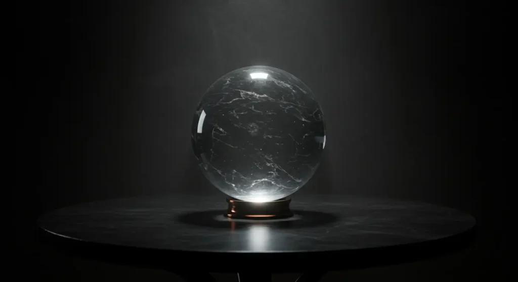 A crystal divining ball on a dark table