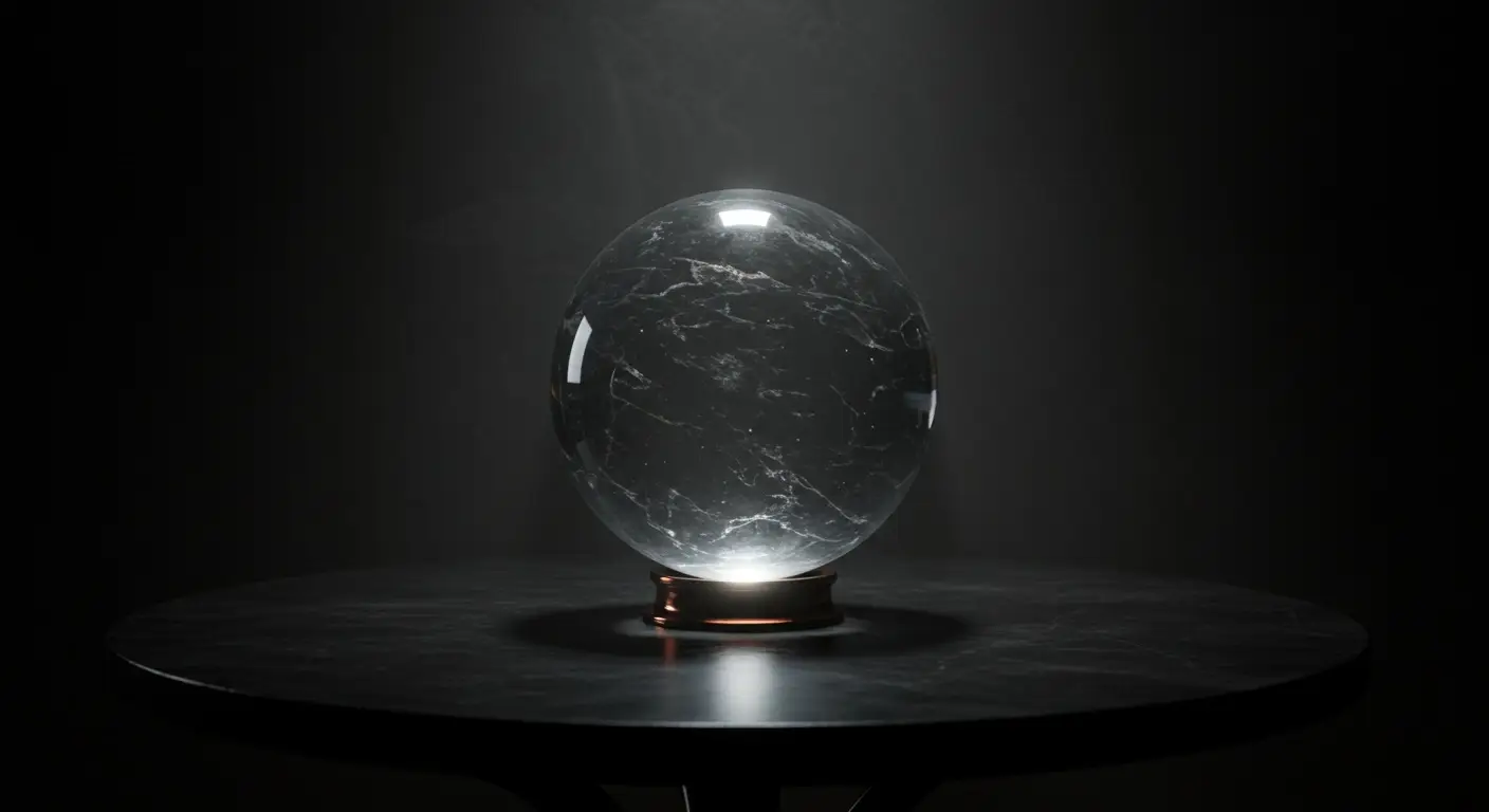 A crystal divining ball on a dark table
