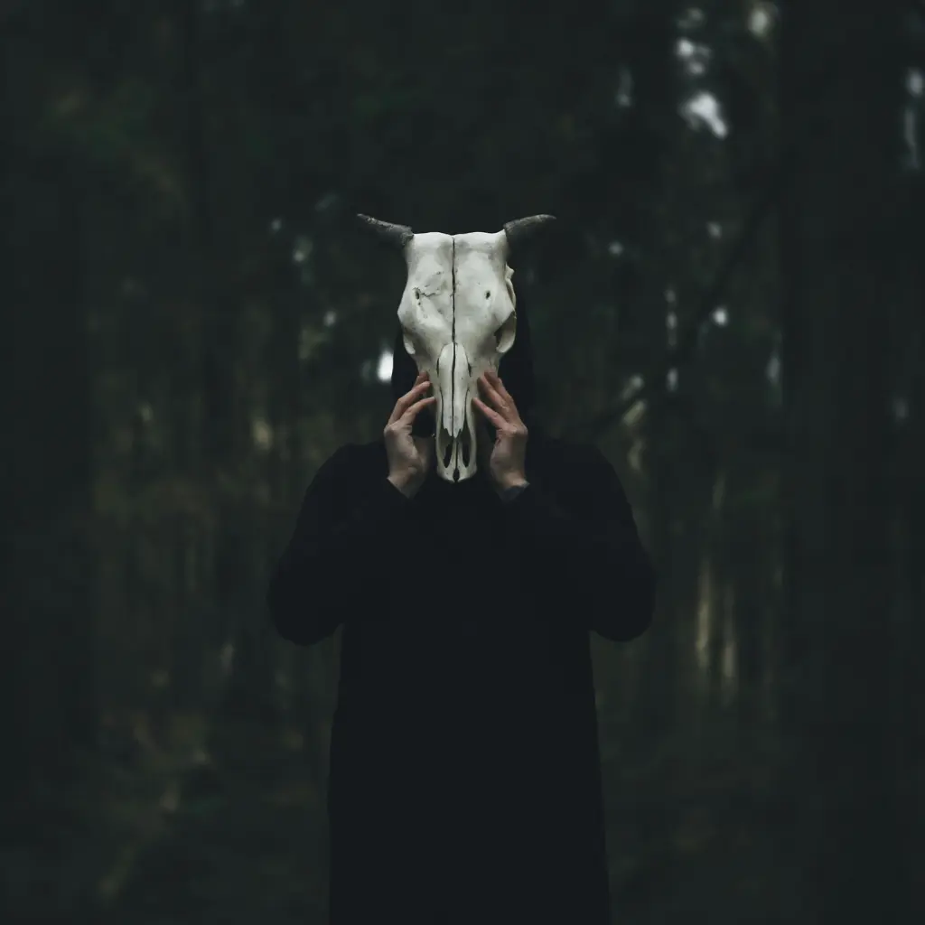 A Chaos Magician wearing a goat's skull in the woods