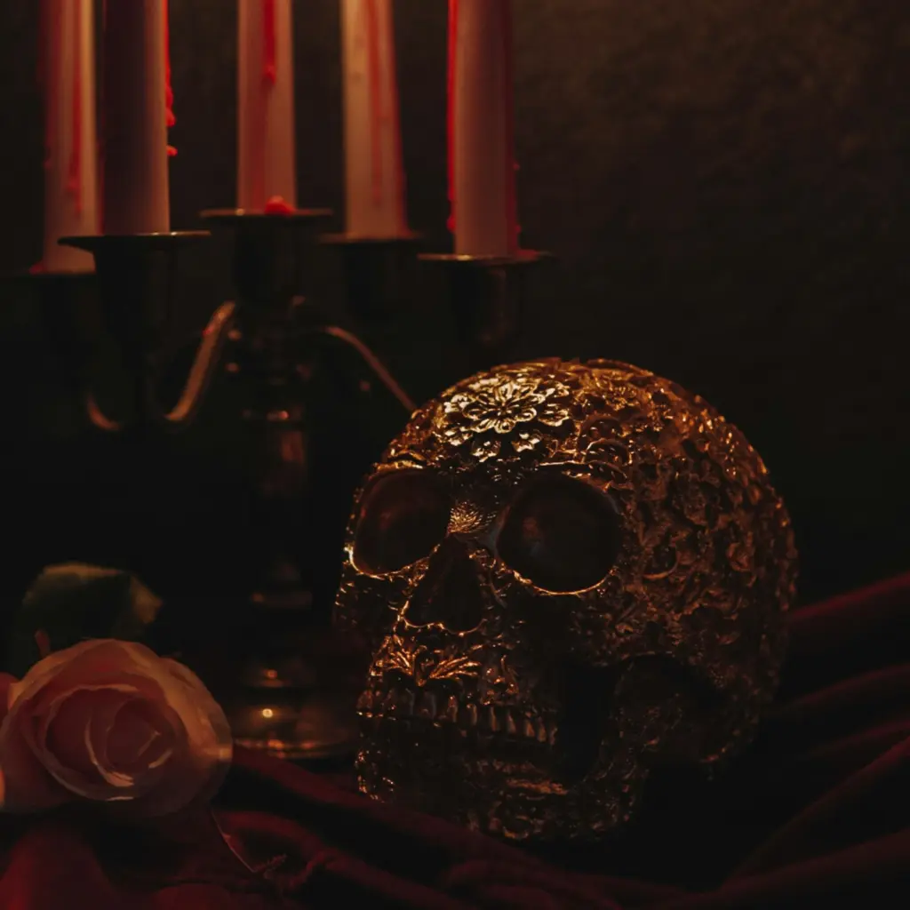 Magickal requisites - a golden skull, flower, and lit candlestick lying on a magickal altar