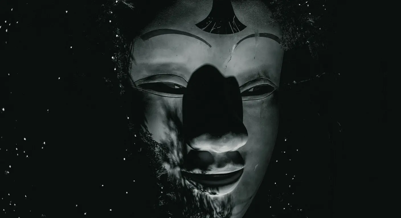 Scary mask emerging from the darkness, symbolizing the demon Choronzon - a magickal shadow-self