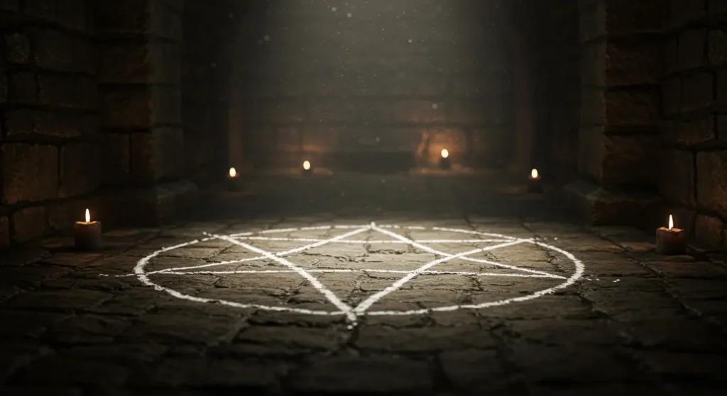 Magickal symbol drawn on the floor in a magickal cellar. The scenery presents devocation - an act of magickal banishment.