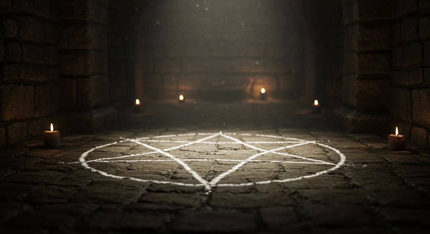 Magickal symbol drawn on the floor in a magickal cellar. The scenery presents devocation - an act of magickal banishment.