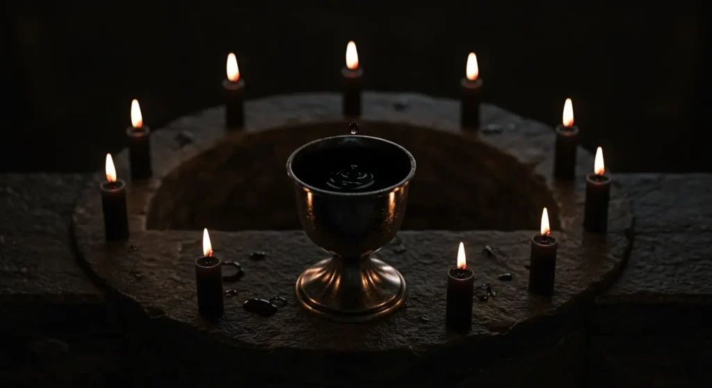 A golden chalice with blood surrounded by magick candles, standing on a magickal altar