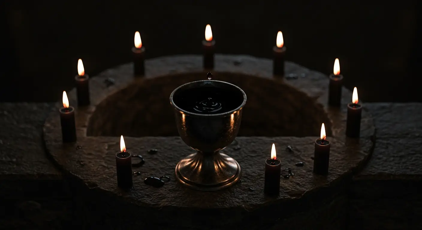A golden chalice with blood surrounded by magick candles, standing on a magickal altar