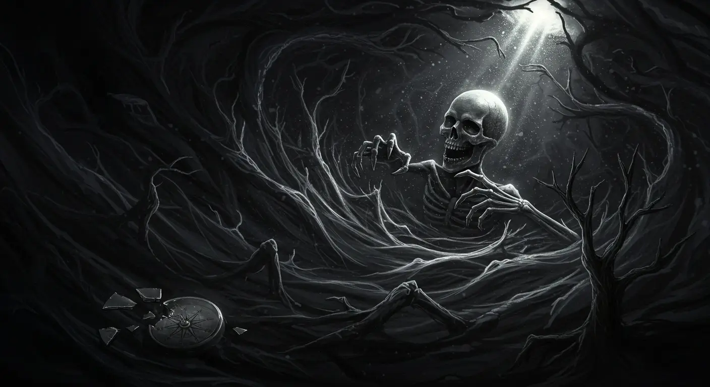 Lust of result and impatience - a drawing of a skeleton in an underground hole trying to reach for a broken compass