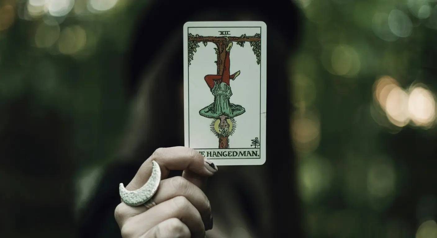 A modern witch holding 'The Hanged Man' Tarot card, which symbolizes magickal gnosis