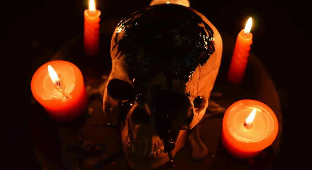 Bloody skull and magick candles on an occult altar prepared for a magickal rite