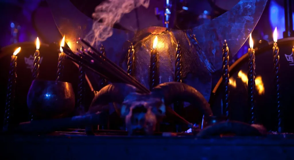 Magickal altar with occult requisites prepared for the practice of evocation