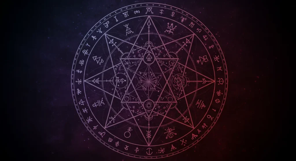 Magick circle full of occult symbols used in a magickal invocation