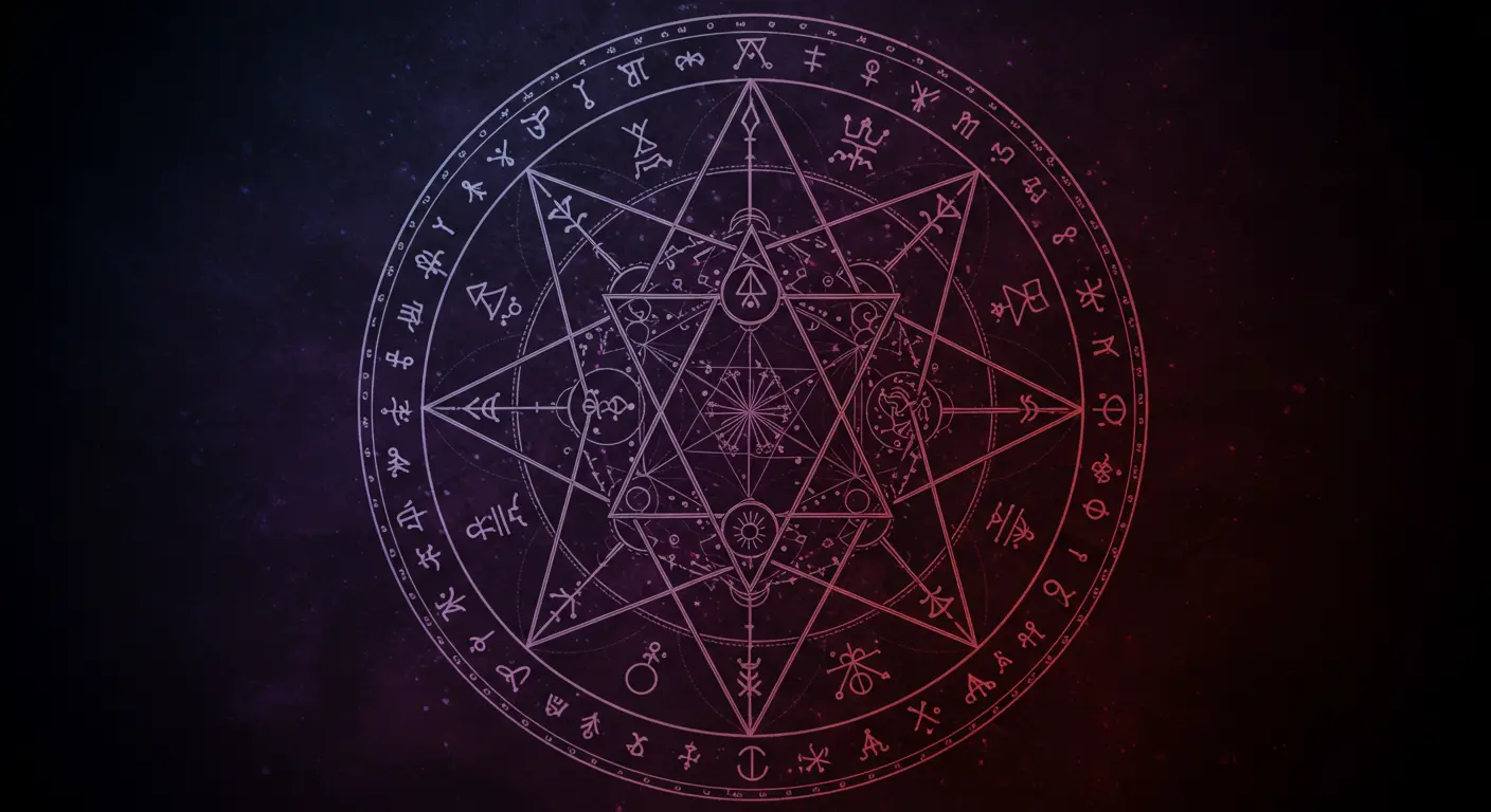 Magick circle full of occult symbols used in a magickal invocation