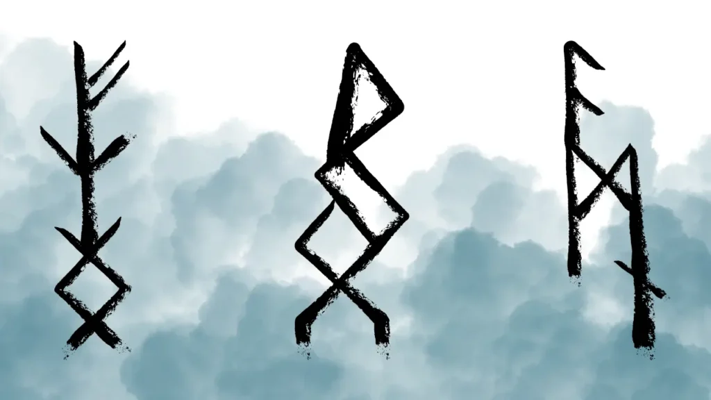 Painting of 3 bind runes on a cloudy sky