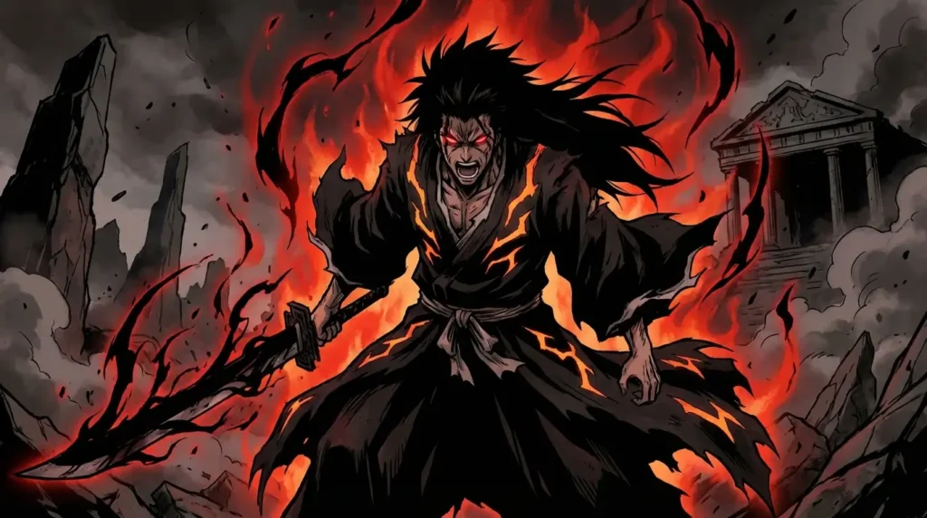A furious samurai surrounded by dark and fiery aura, holding a black sword