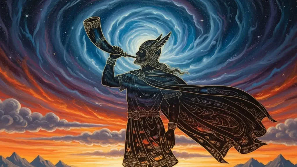 Silhouette of God Heimdall blowing a horn