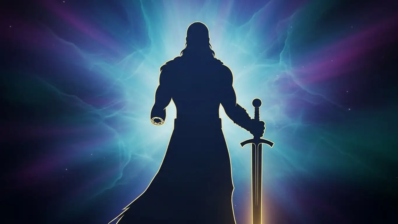 Silhouette of the Norse god Týr holding a mighty sword in his left arm