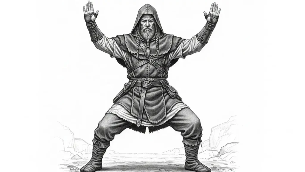 Runic sorcerer practicing stadhagaldr and assuming a stance resembling the Gebo rune