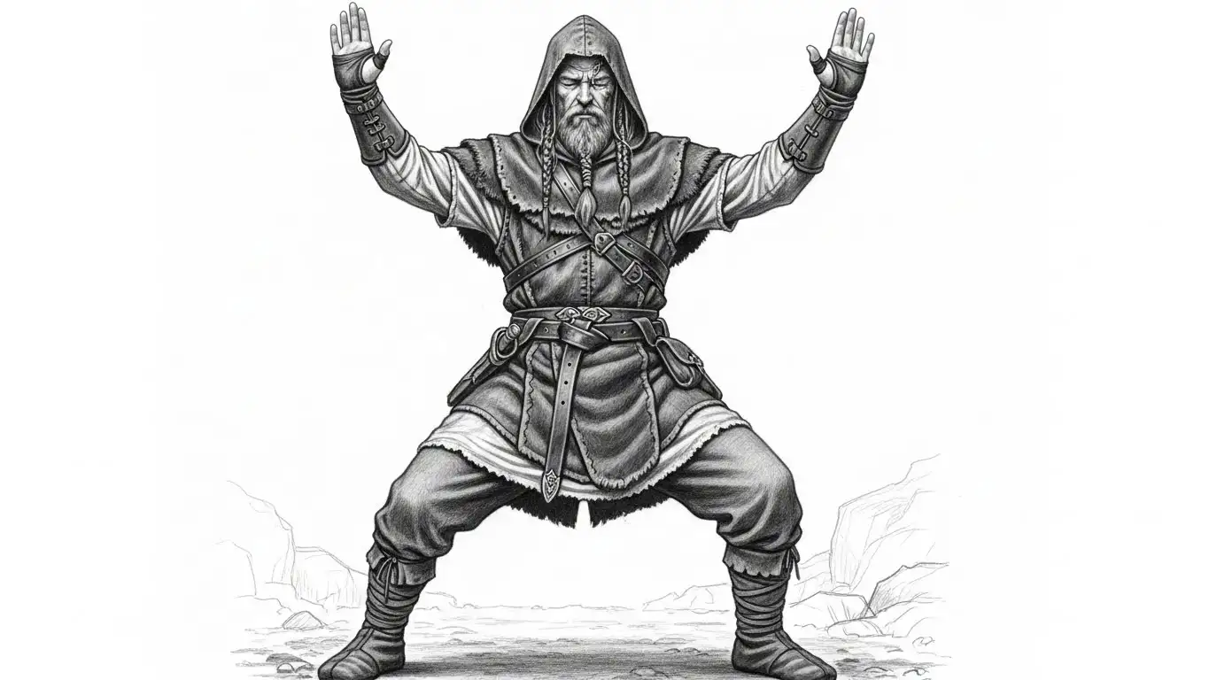 Runic sorcerer practicing stadhagaldr and assuming a stance resembling the Gebo rune