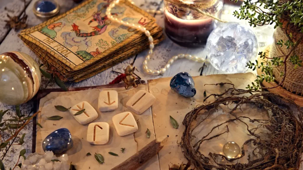 A set of runes lying next to Tarot cards and other magickal requisites used for divination
