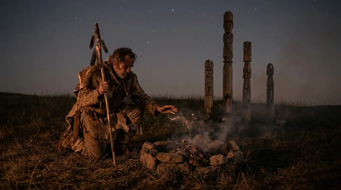 A shaman venerating his ancestor by a fireplace on a hill at night