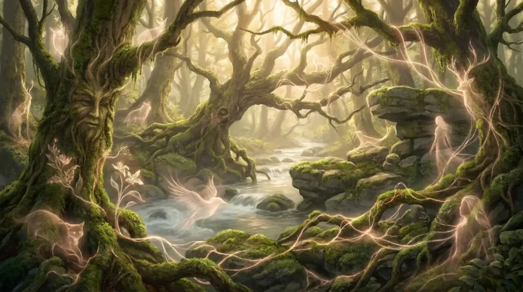 Magical forest full of animistic spirits