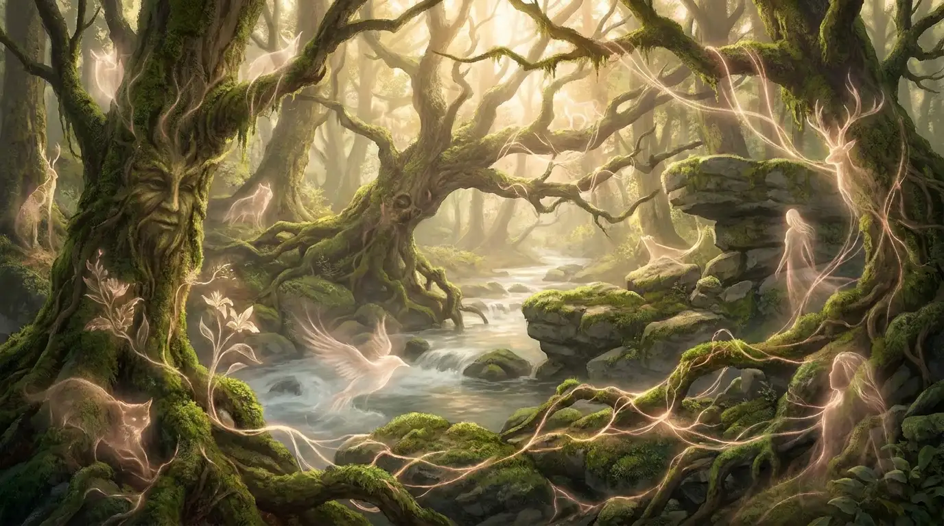 Magical forest full of animistic spirits