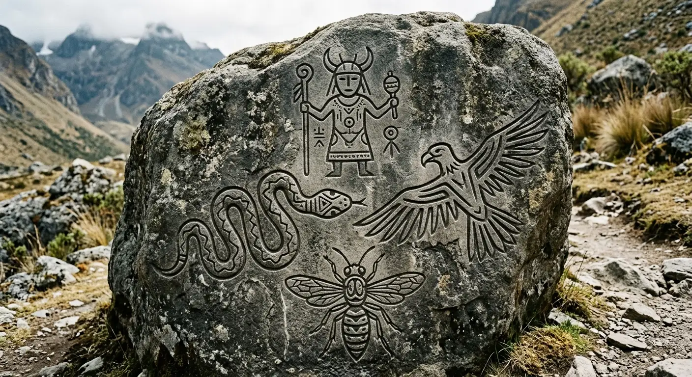 Ancient esoteric stone with a carving of a shaman, snake, and condor