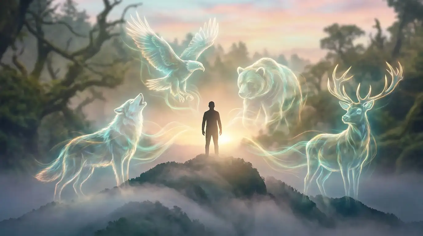 Theriomorphic shaman surrounded by animal spirits in the astral realm