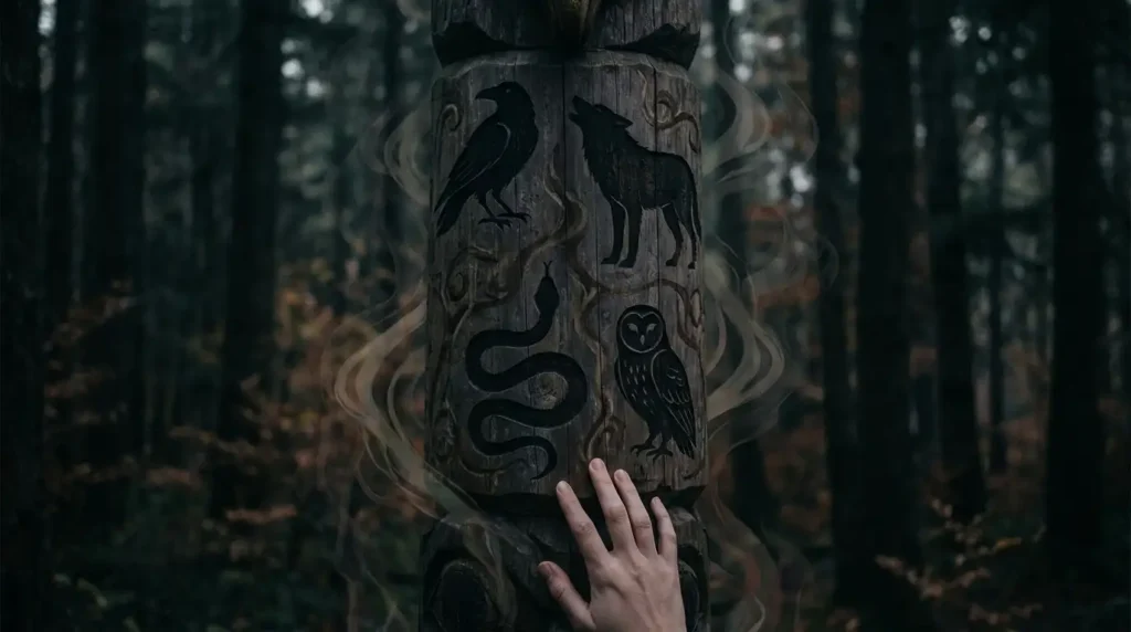 Totem with engraved symbols of animal spirits