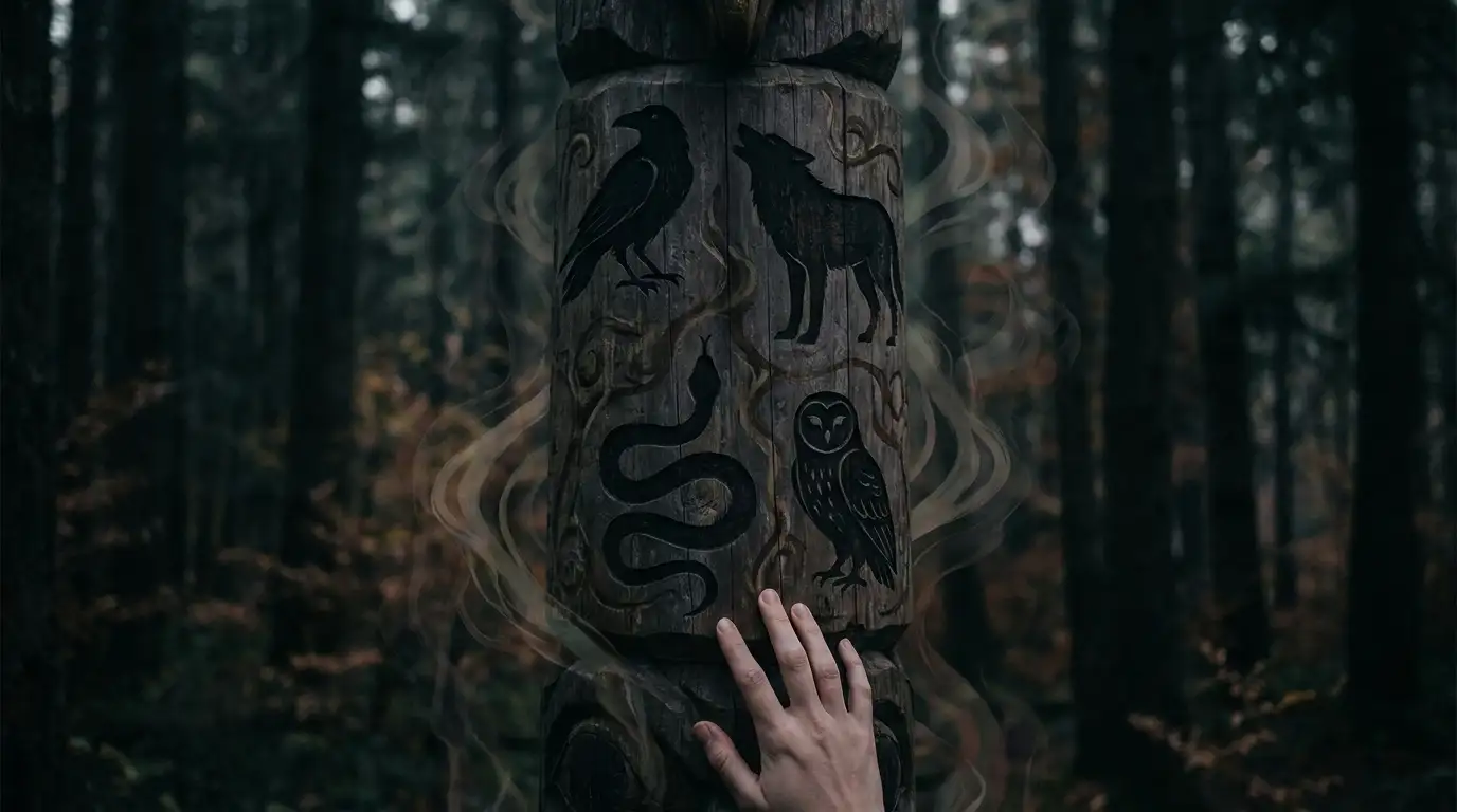 Totem with engraved symbols of animal spirits