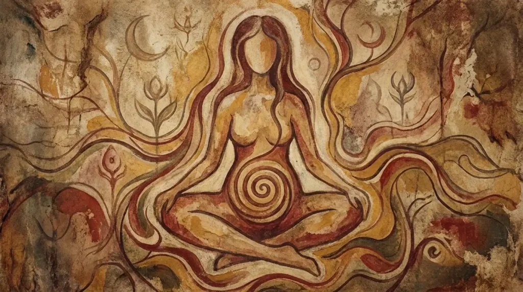 Painting of a naked female meditating shaman with a magic vortex in her womb