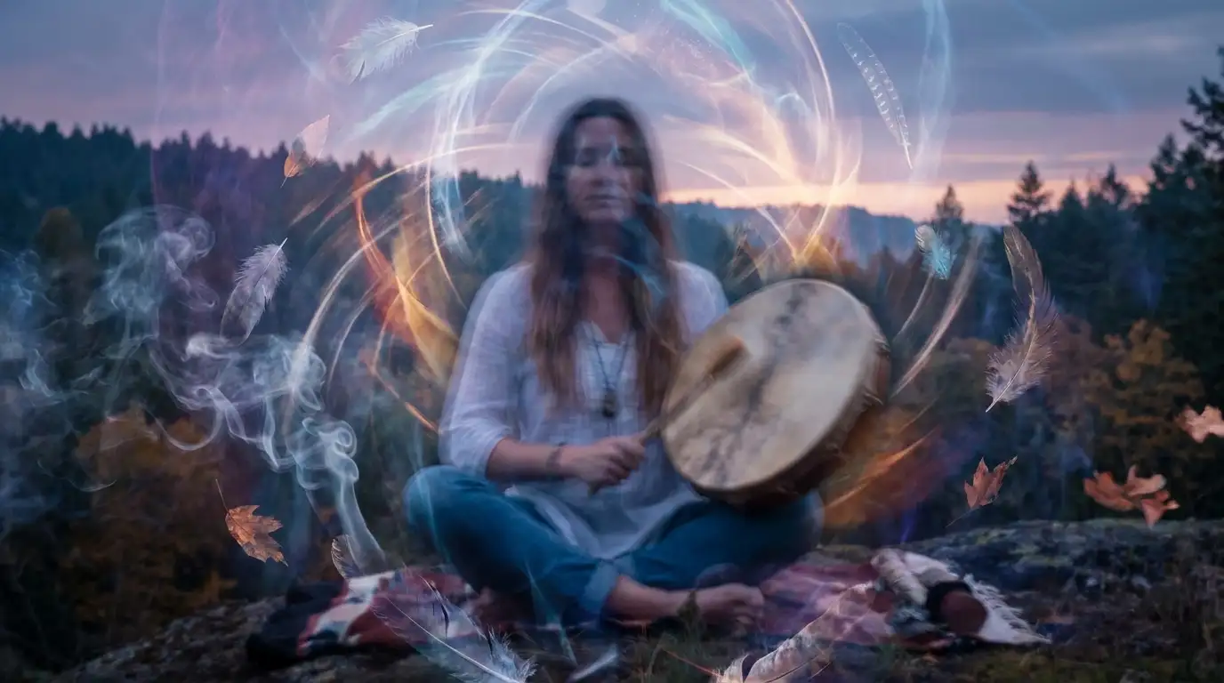 Female neoshaman drumming a shamanic drum