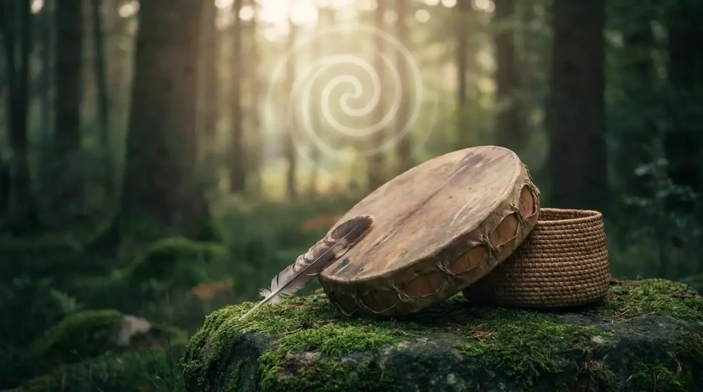 A set of shamanic tools in the woods and a vortex appearing above them