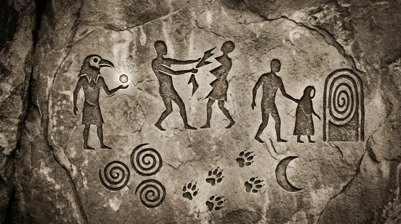 Ancient stone carving illustrating shamanic healing arts: soul retrieval, soul extraction, and psychopomp