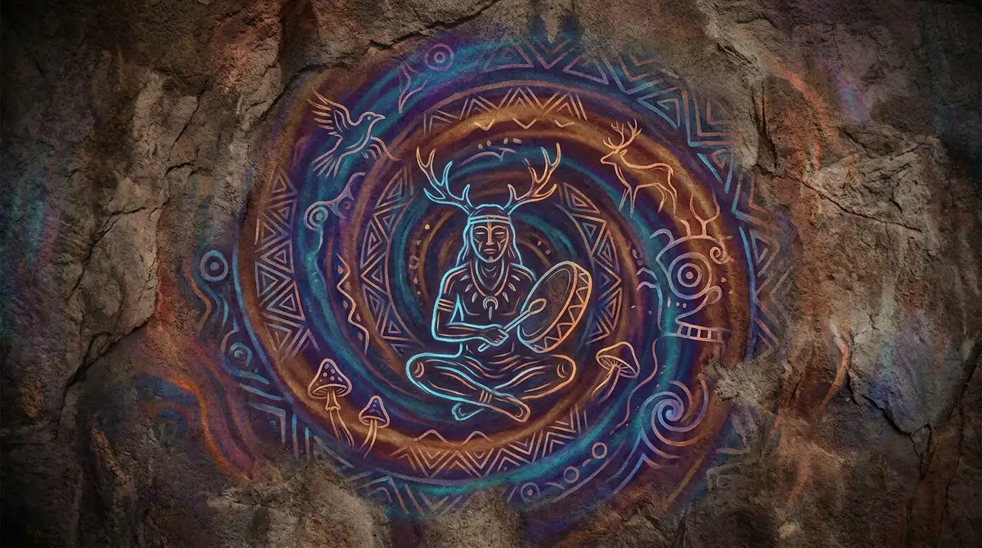 Ancient psychedelic painting of a shaman sitting in the middle of an astral gateway and drumming a drum