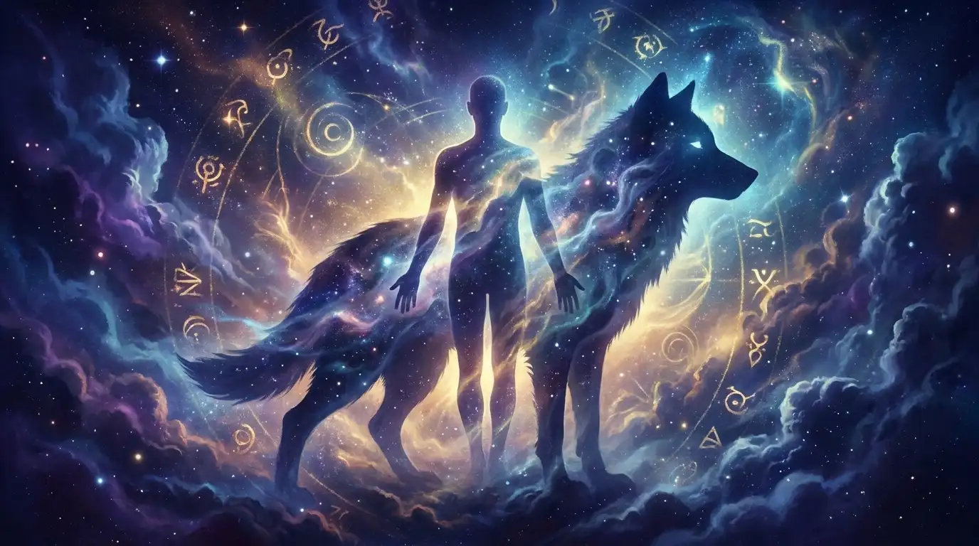 Silhouettes of a shaman and wolf spirit on a mystical background