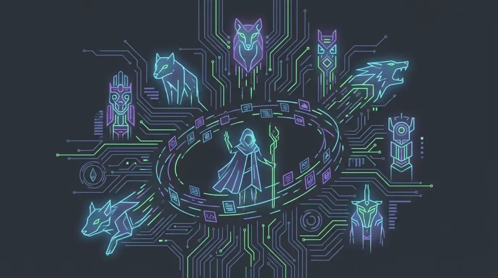 Technoshaman surrounded by digital animal spirits