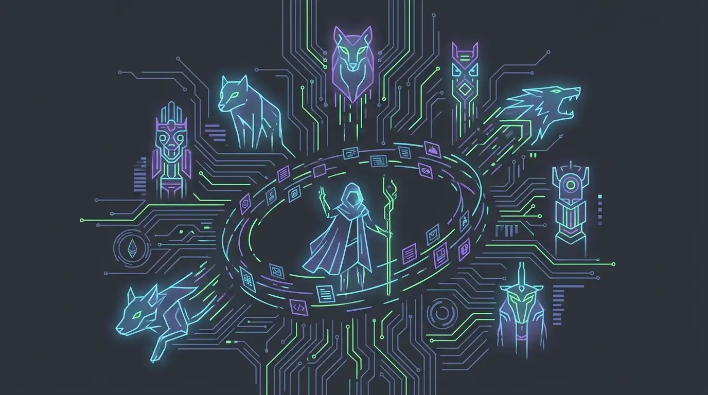 Technoshaman surrounded by digital animal spirits