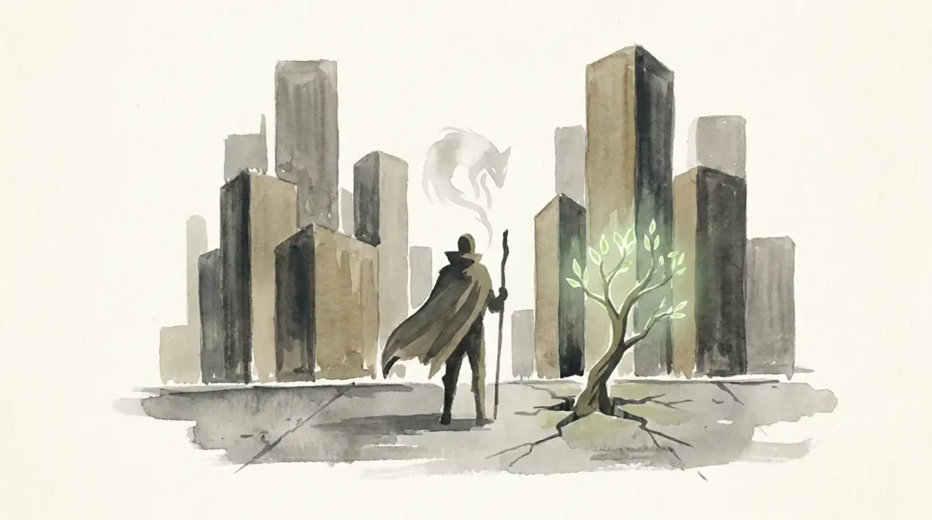 Drawing of an urban shaman summoning an animal spirit at the city outskirts