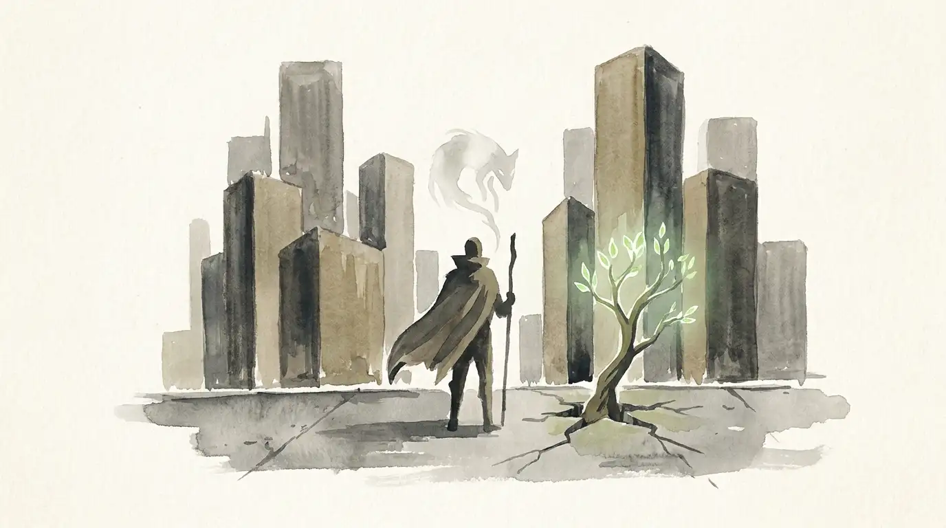 Drawing of an urban shaman summoning an animal spirit at the city outskirts