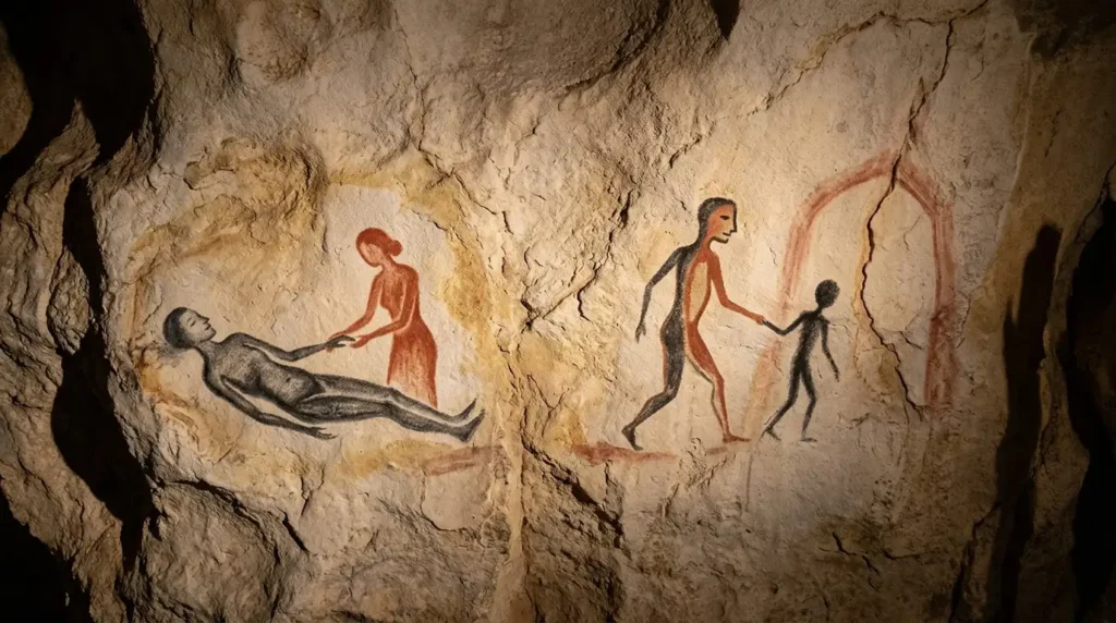 Ancient cave paintings illustrating the shamanic arts of psychopomp and death midwifery