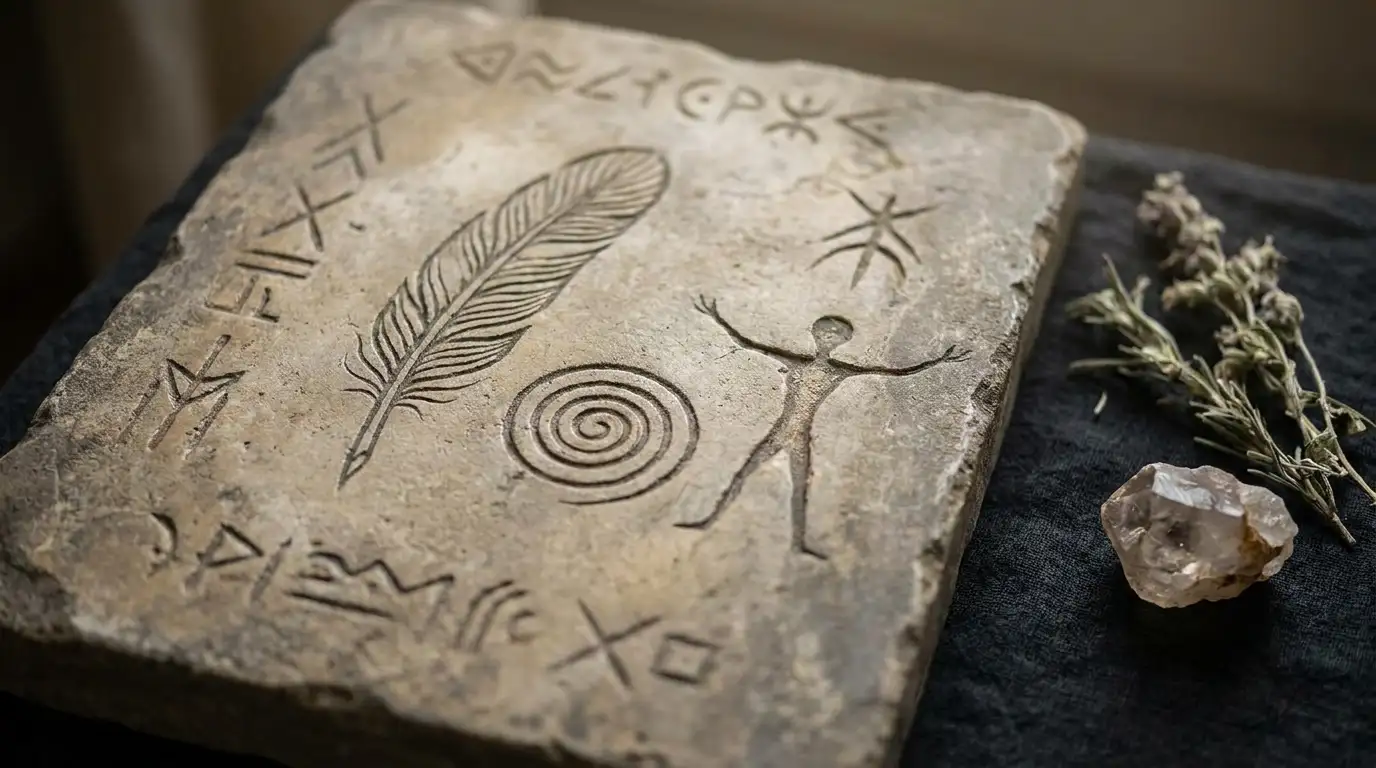 Ancient stone with a carved illustration of a shaman performing a healing act