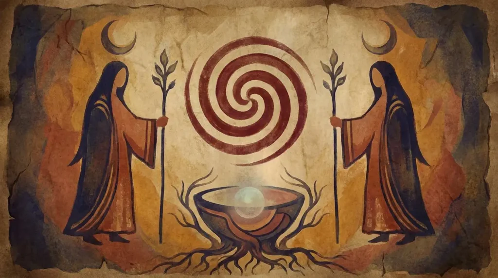A drawing of 2 shaman priestesses performing shamanic divination in front of a magic altar