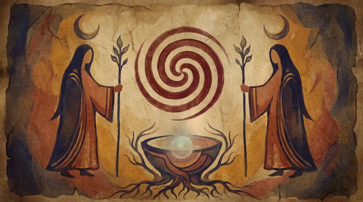 A drawing of 2 shaman priestesses performing shamanic divination in front of a magic altar