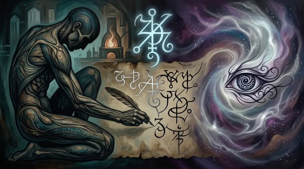Old-time magus inscribing his own alphabet of desire on a parchemnt during a gnostic moment