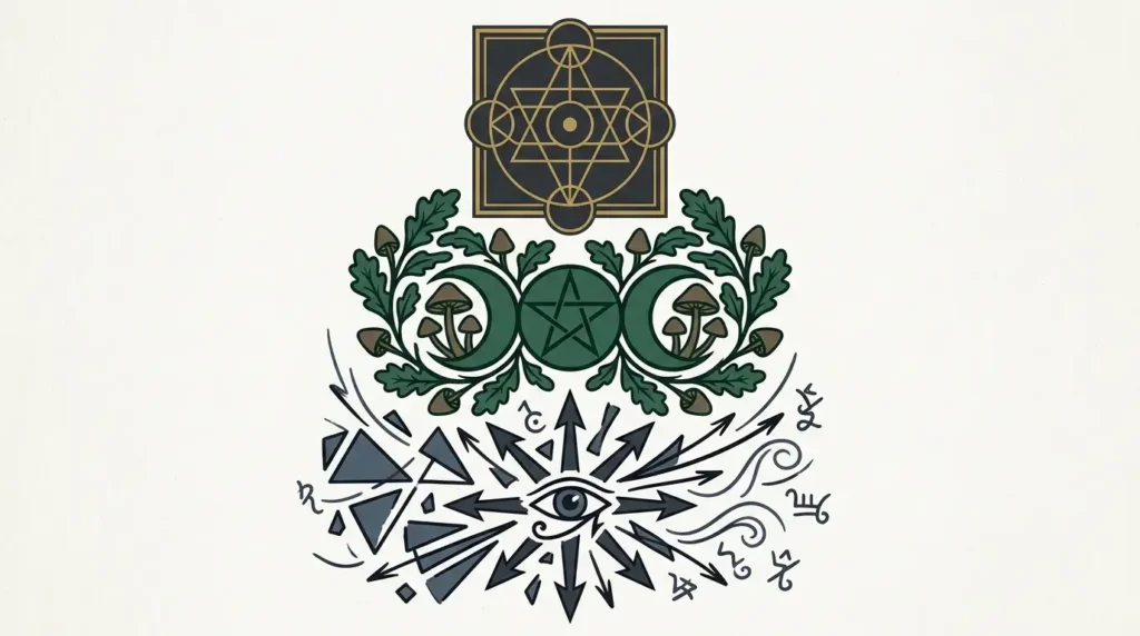 Occult symbols representing traditional witchcraft and Chaos Magick