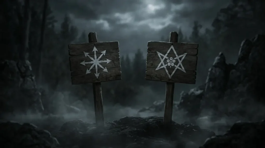 Chaos Magick's chaostar (the star of chaos) and Thelema's unicursal hexagram drawn on separate wooden signs in a mystical forest