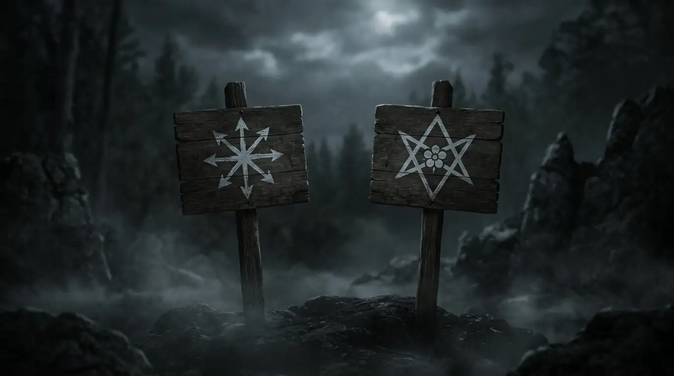 Chaos Magick's chaostar (the star of chaos) and Thelema's unicursal hexagram drawn on separate wooden signs in a mystical forest